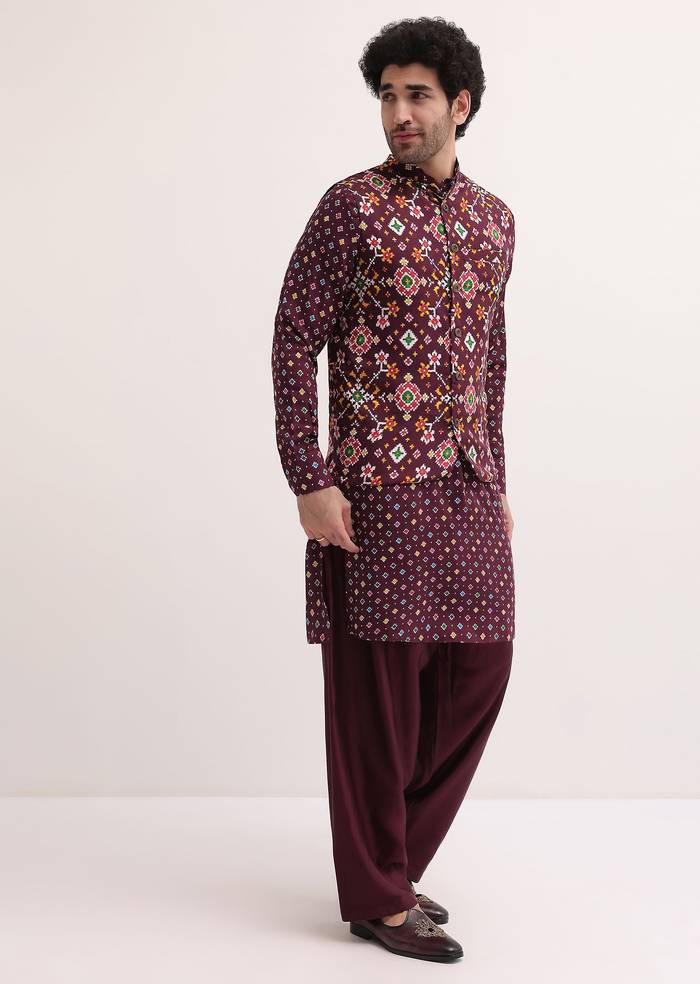 Wine Patola Printed Kurta Jacket Set For Men