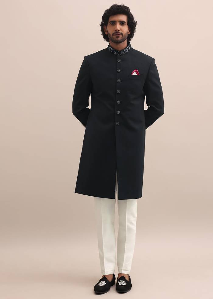 Black Cutdana Embroidered Sherwani For Men