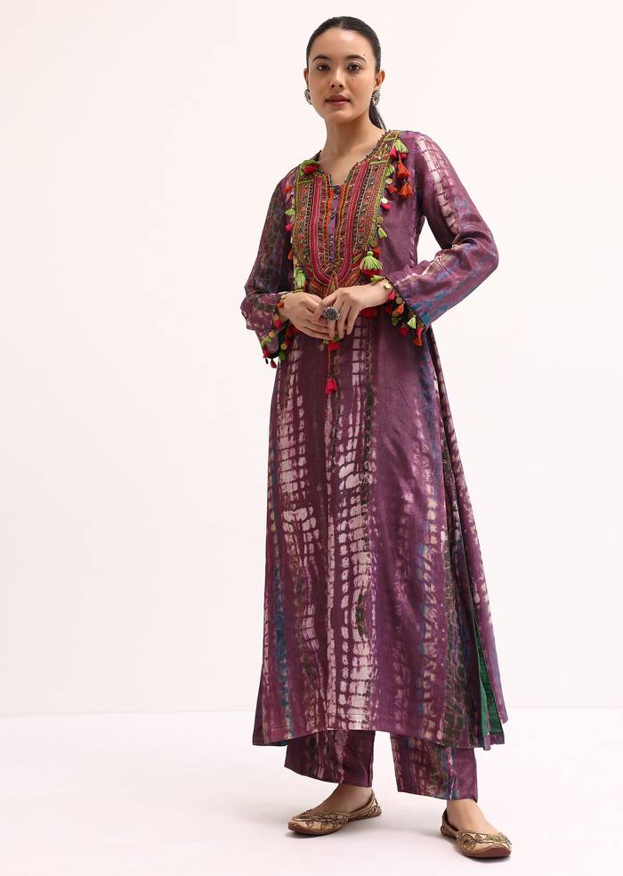 Wine Embroidered Crepe Kurta And Pant