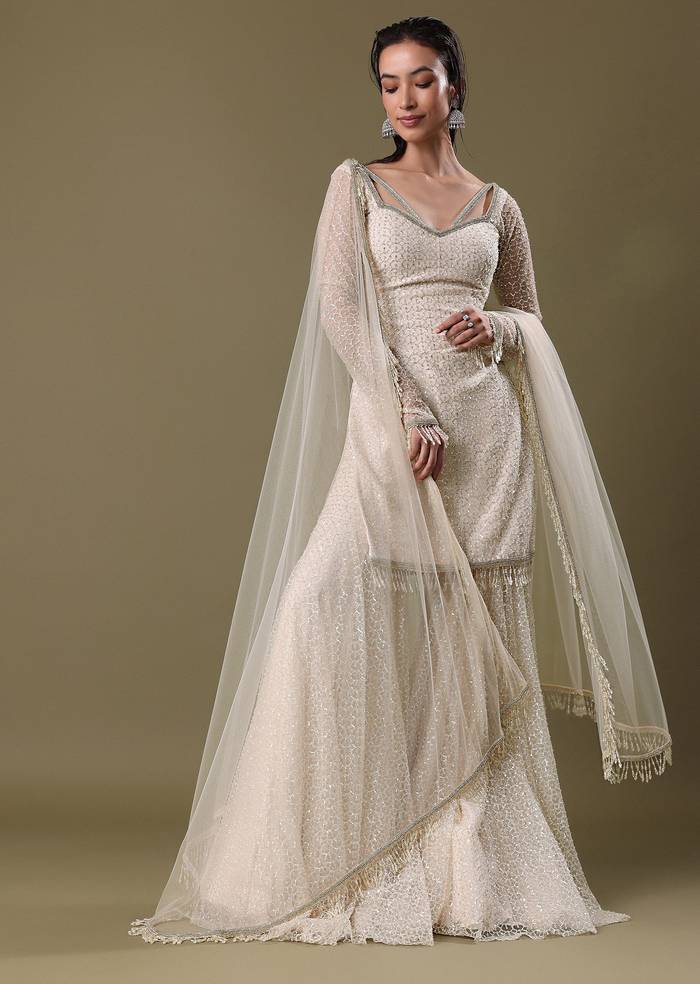 White Kurta Sharara Set In Sequins