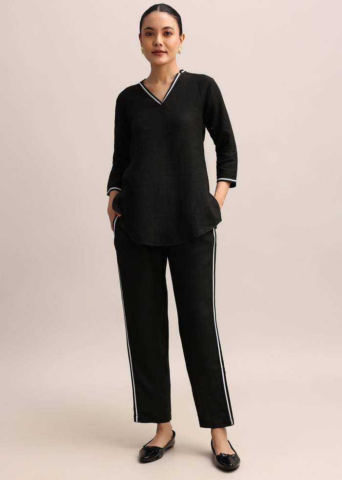 Black Linen Top And Pant With Patch Work