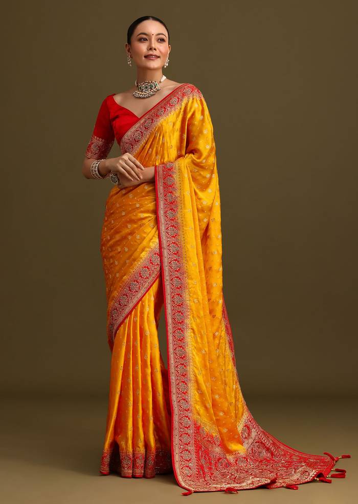 Yellow Zardosi Embroidered Saree With Contrast Pallu Border And Unstitched Blouse