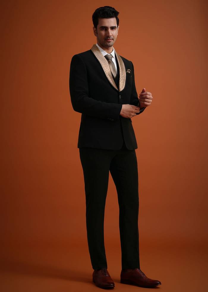 Black Tuxedo And Pant Set With Stone Work