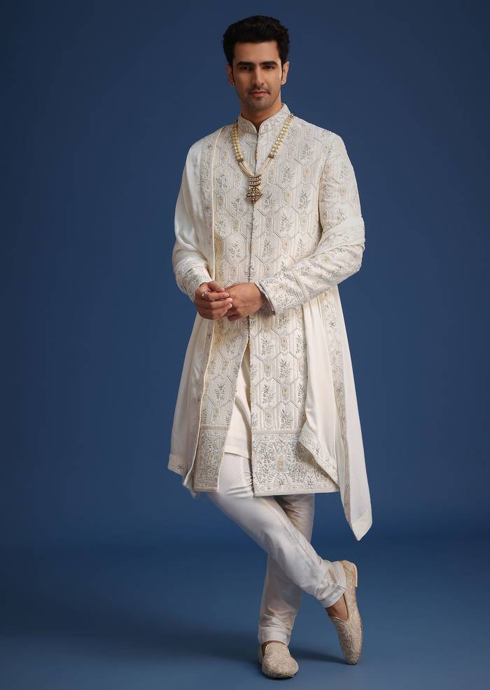 Beige Silk Sherwani Set With Mala And Dupatta