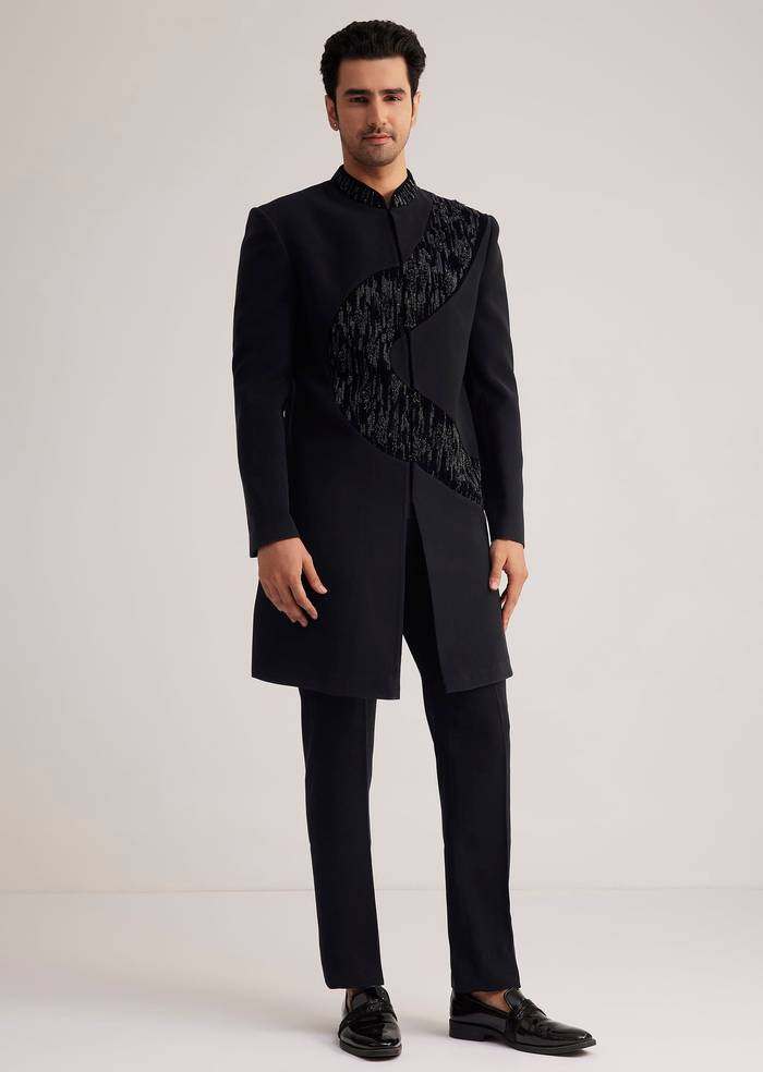 Black Velvet Indowestern Set With Cut Work Embroidery
