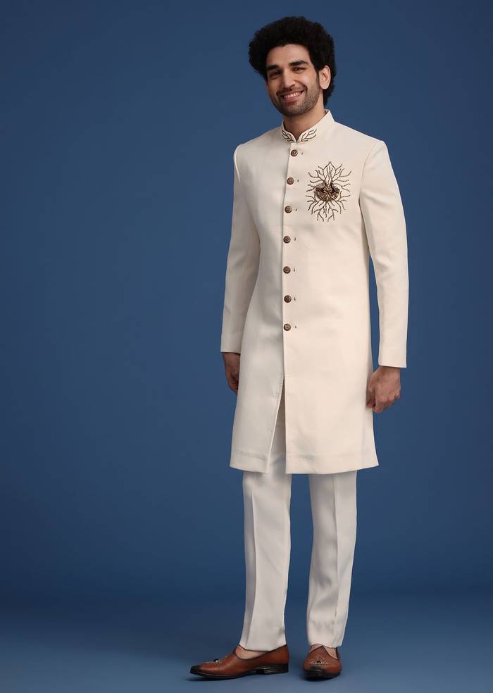 Cream Indowestern Suit With Zari And Metal Work Broach