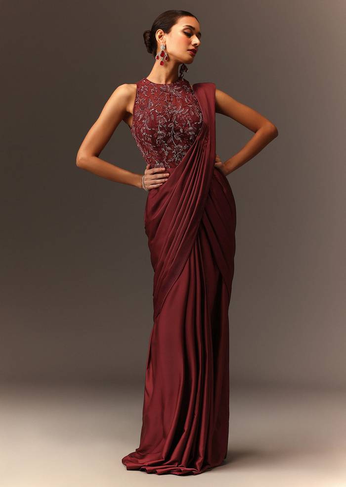 Masala Maroon Net Satin Draped Saree With Hand Embroidered Blouse