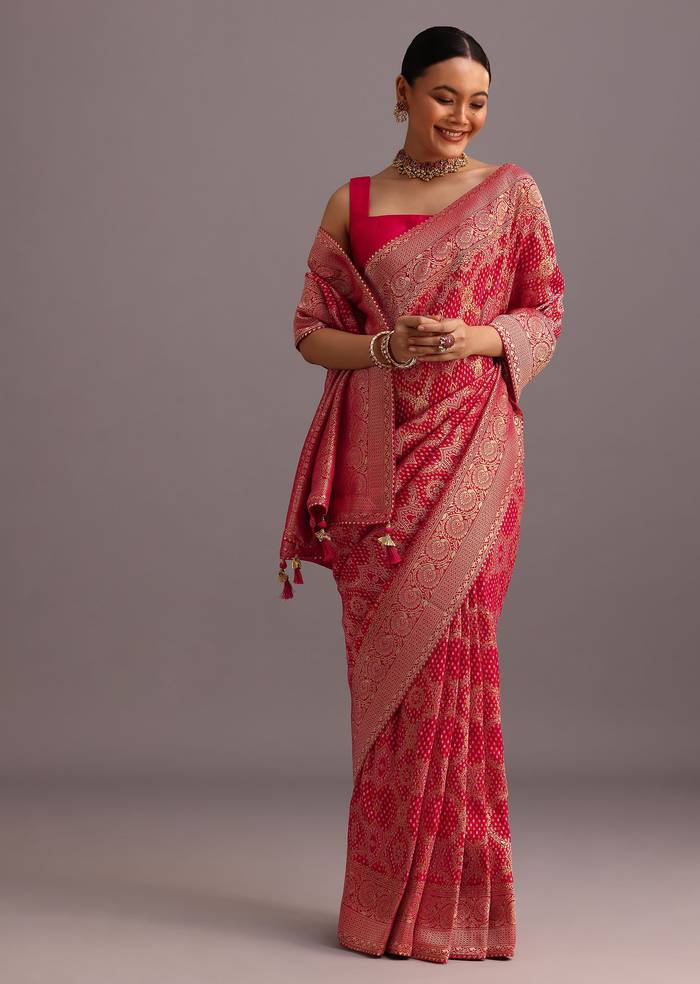 Pink Khaddi Georgette Woven Saree With Gotta Patti Border