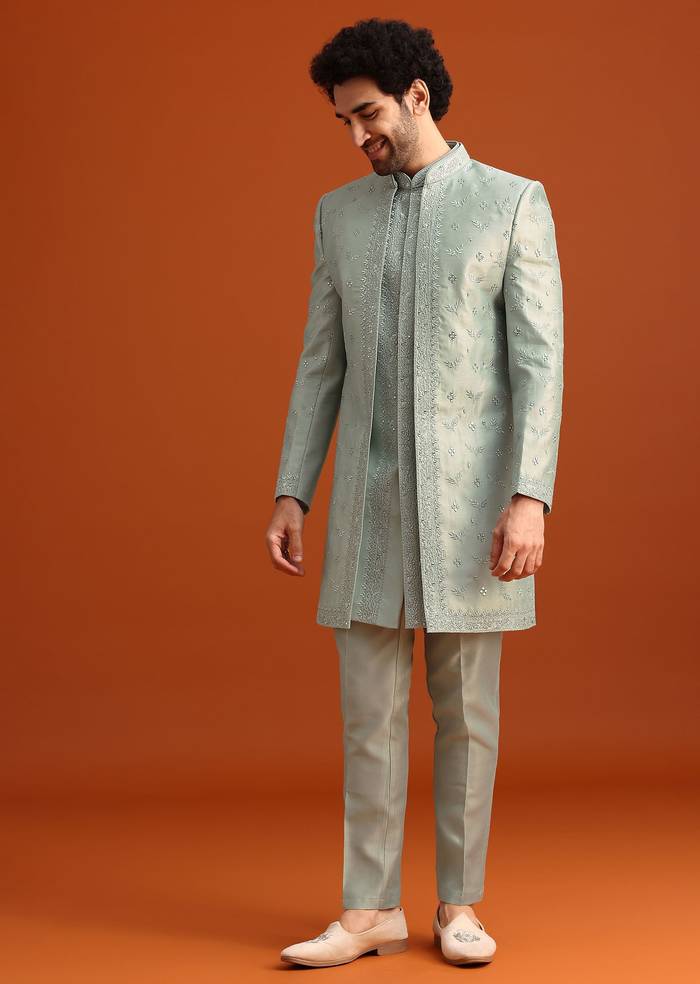 Ice Blue Cotton Silk Embroidered Sherwani Set