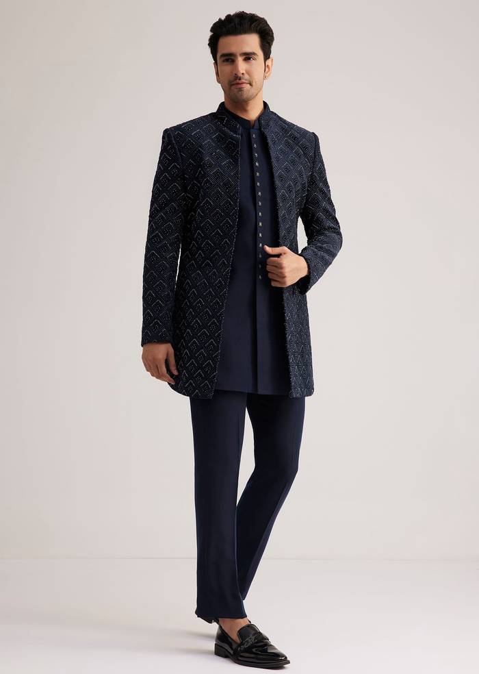 Prussian Blue Sherwani Set With Stone Work Detailing