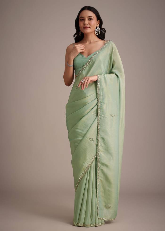 Sea Green Tissue Saree With Cutdana Embellished Border