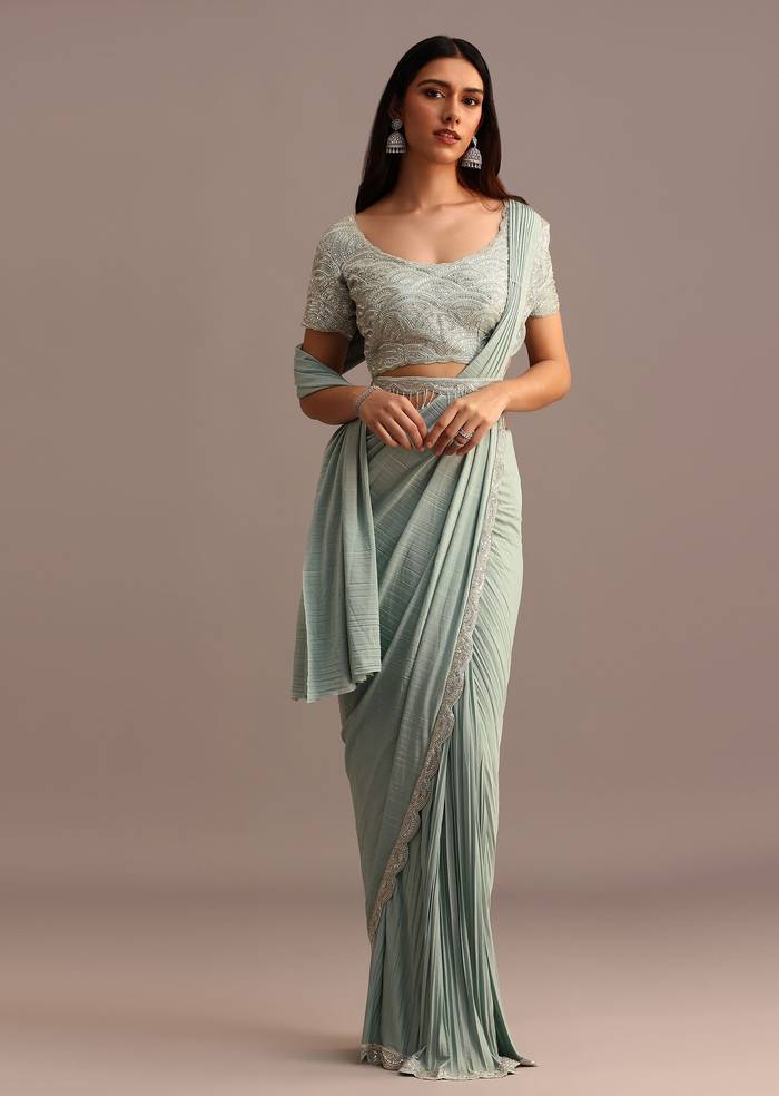 Blue Ready Pleated Saree With Embroidered Blouse