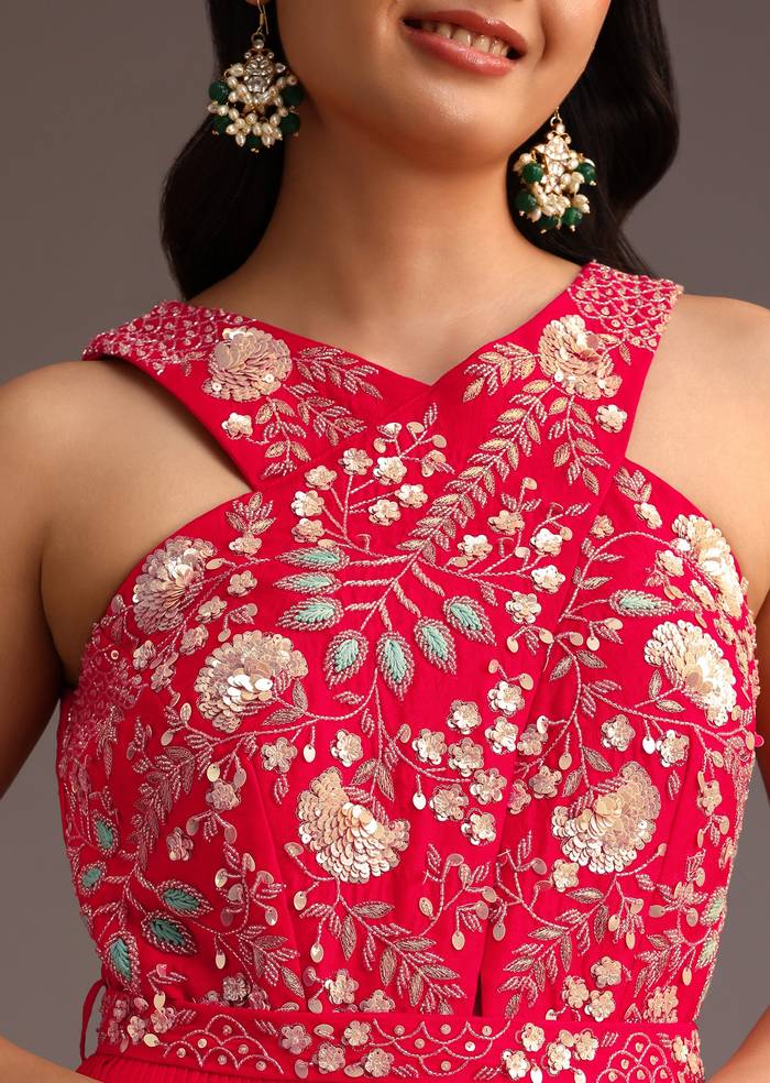 Red Embroidered Jumpsuit With Belt