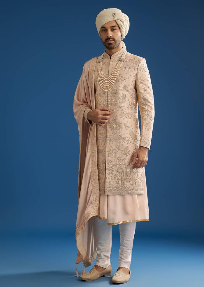 Beige Silk Groom Sherwani Set With Zardosi Work