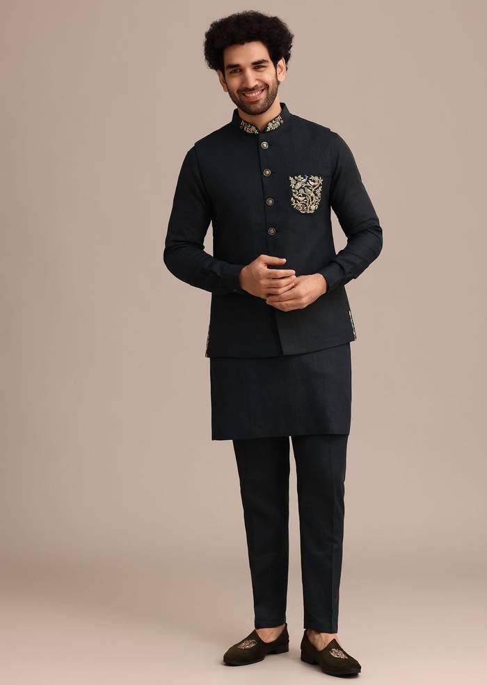 Navy Blue Linen Zardosi Embroidered Jacket Kurta Set