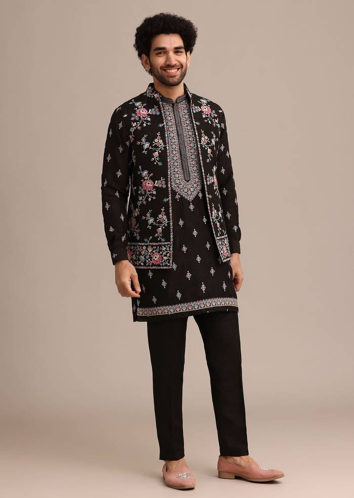 Black Silk Resham Embroidered Kurta Jacket Set