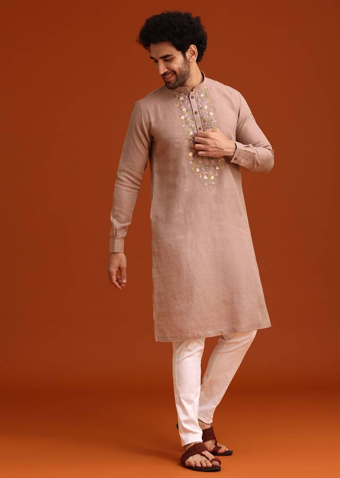 Onion Pink Floral Resham Hand Embroidered Kurta Set In Linen