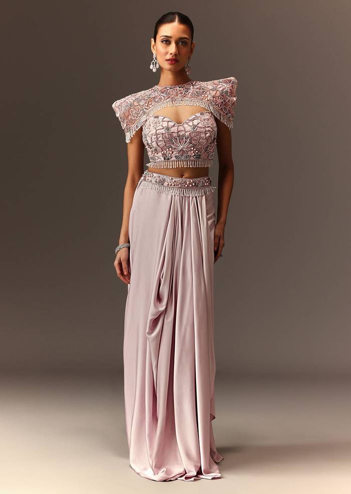 Lavender Hand Embroidered Blouse And Croped Cape With Drape Skirt