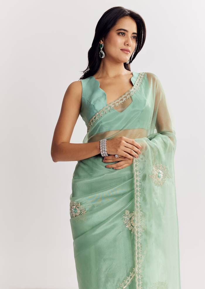 Mint Green Glass Tissue Saree With Cutdana And Sequins Embroidery