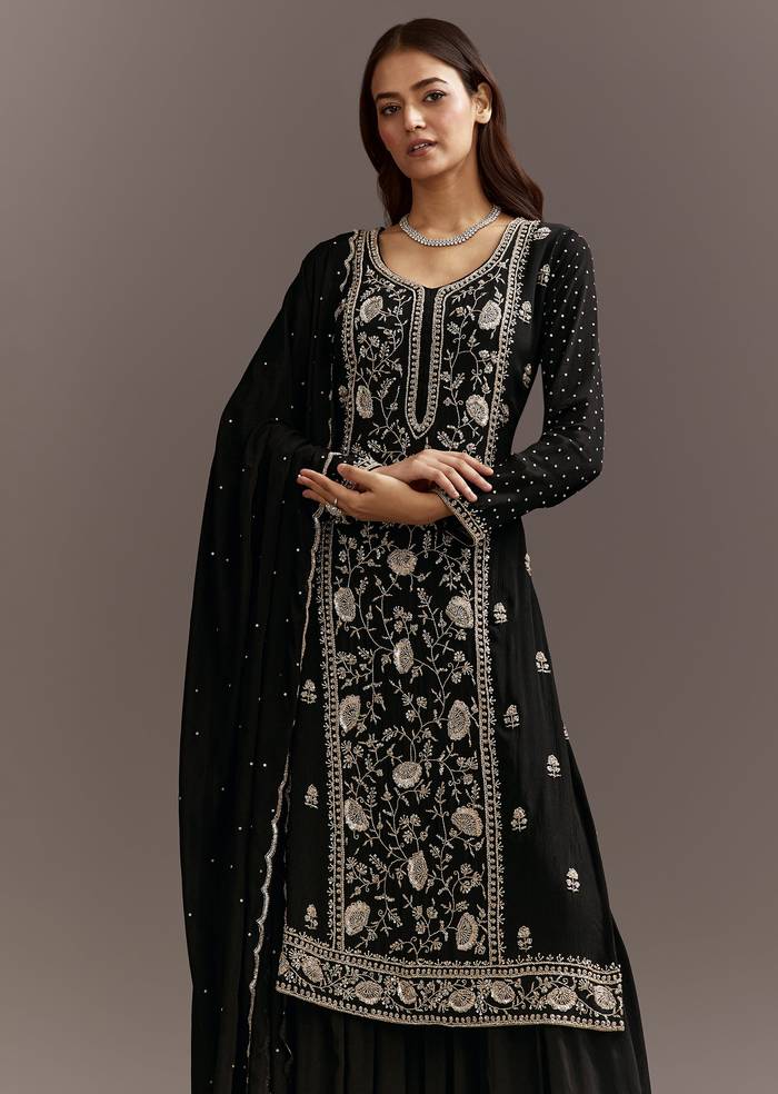 Black Cutdana And Sequins Kurta With Chinon Sharara And Dupatta