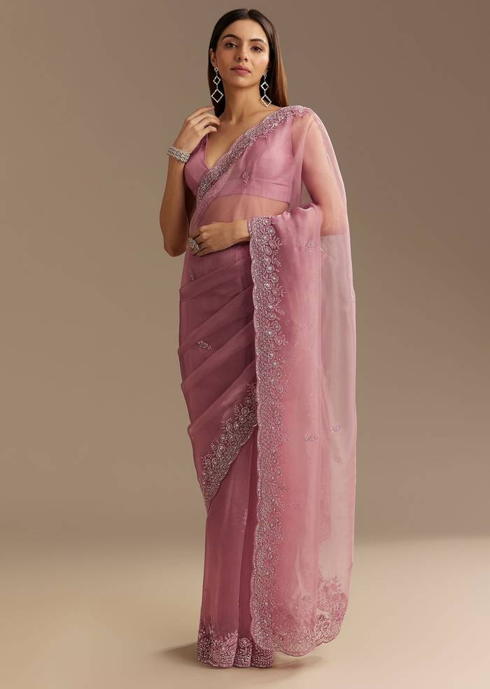 Pinkish Lavender Tissue Saree With Sequins Cutdana And Scallop Border