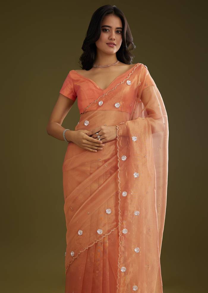 Rust Pink Tissue Floral Embroidered Saree With Cutdana Scallop Border
