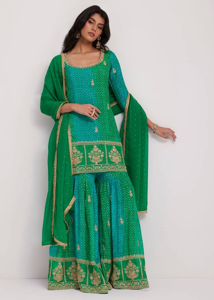 Green Chinon Bandhani Sharara Set
