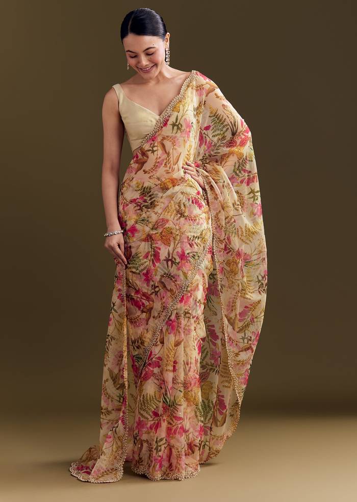 Beige Organza Saree With Beaded Border And Floral Print