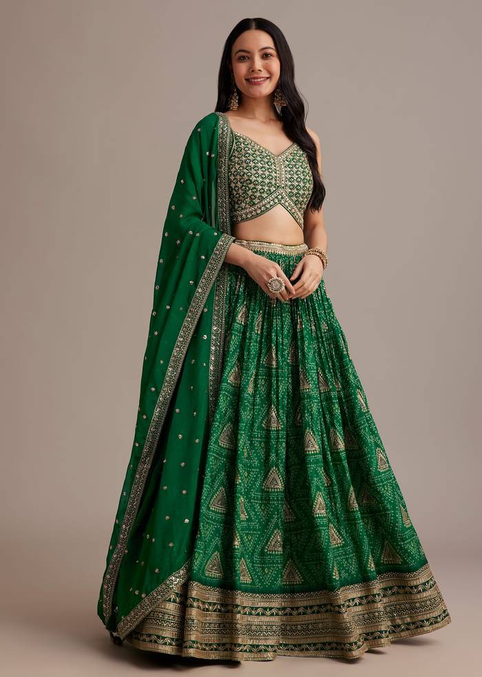 Green Bandhani Lehenga Set With Zari Butti And Sequins Work