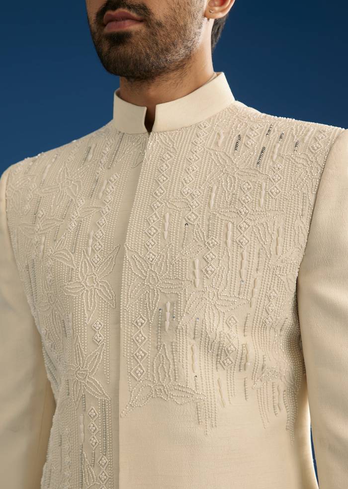 Off White Tussar Groomsman Sherwani Suit With Hand Embroidery