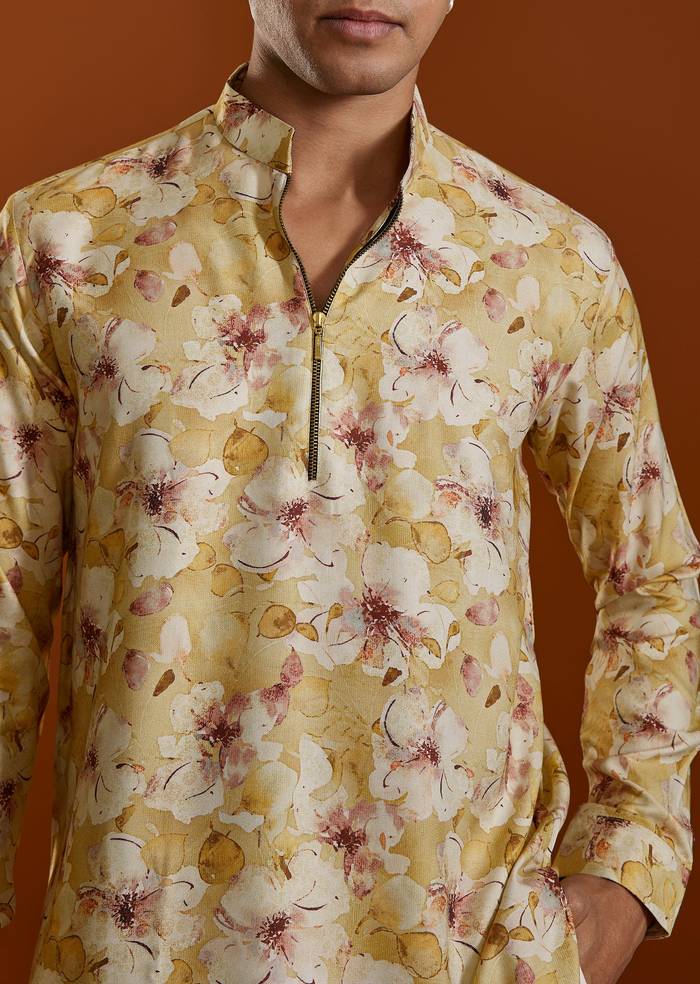 Yellow Floral Printed Kurta Set With Zipper