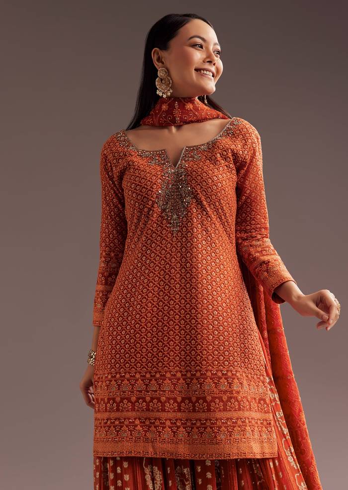 Orange Lucknowi Mirror Zardosi Kurta Palazzo Dupatta Set