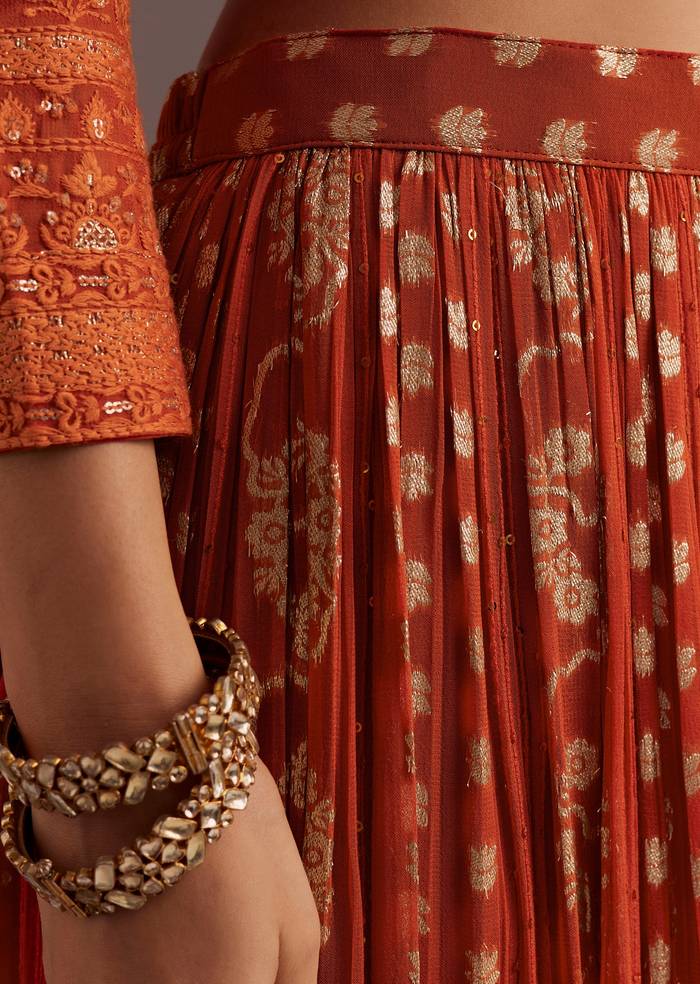 Orange Lucknowi Mirror Zardosi Kurta Palazzo Dupatta Set