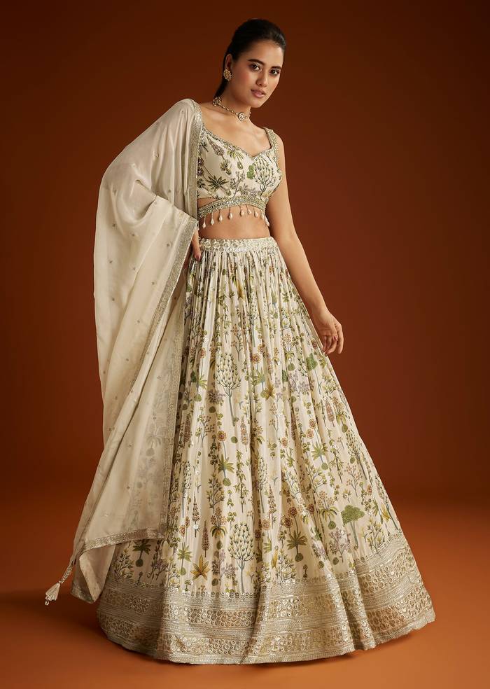 Off White Floral Printed Lehenga Choli With Butti Work Dupatta
