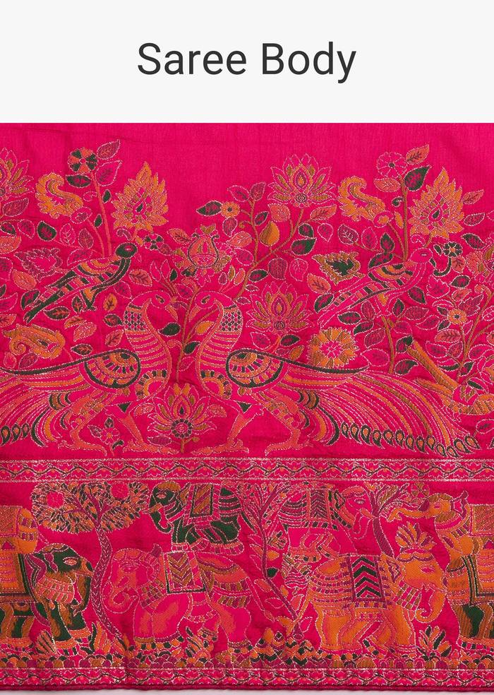 Rani Pink Dola Silk Woven Saree With Floral And Animal Prints