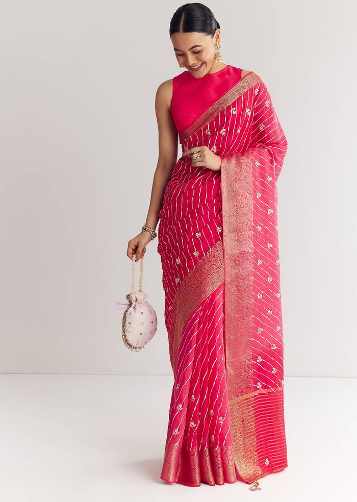 Pink Leheriya Printed Saree With Floral Embroidery