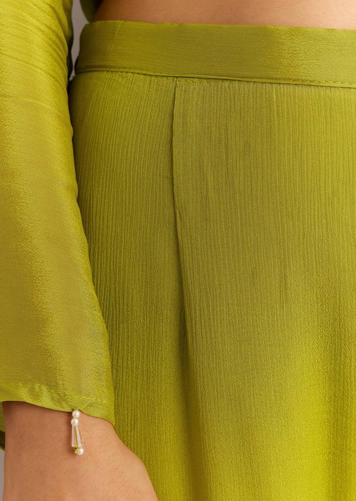 Green Chinon Asymmetrical Cut Kurta Sharara With Dupatta