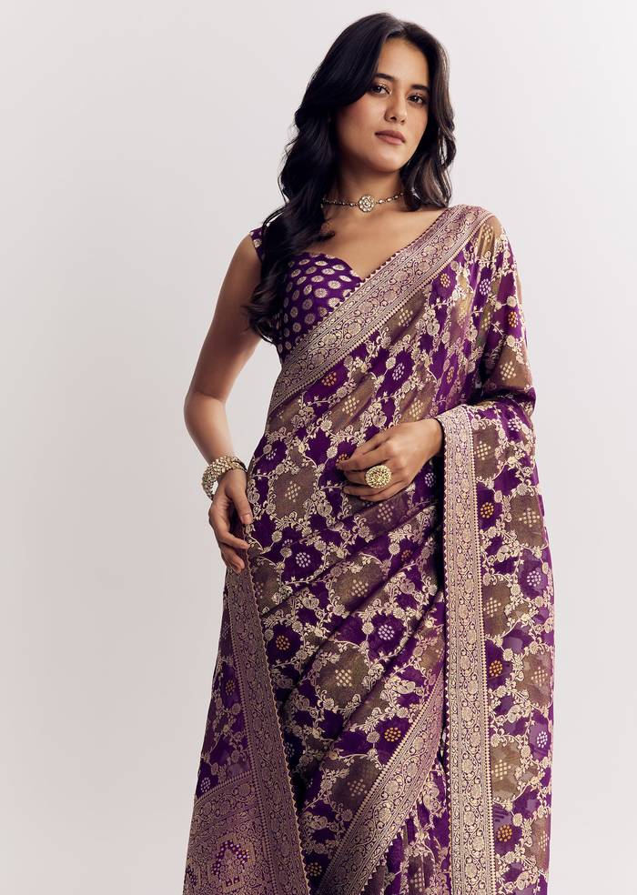 Purple Shaded Georgette Saree With Zari Jaal Work