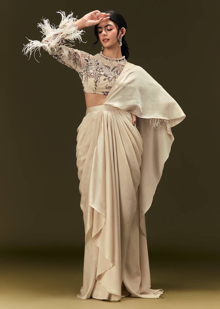 Off White Ready To Wear Satin Saree With Full Sleeve Blouse