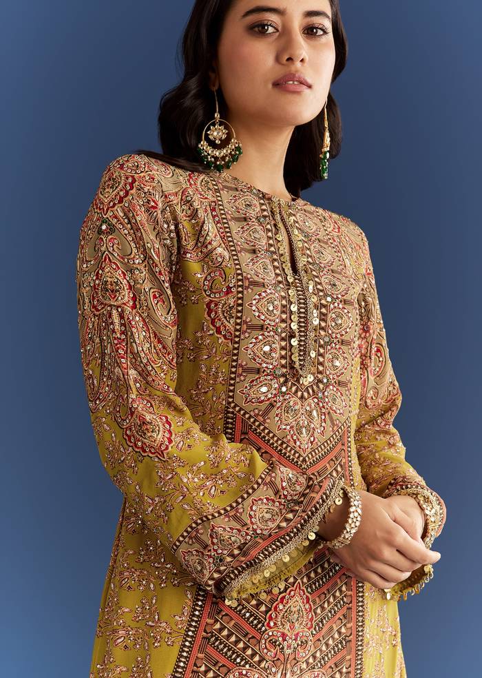 Mehendi Green Crepe Asymmetrical Printed Kurta With Striped Printed Dhoti