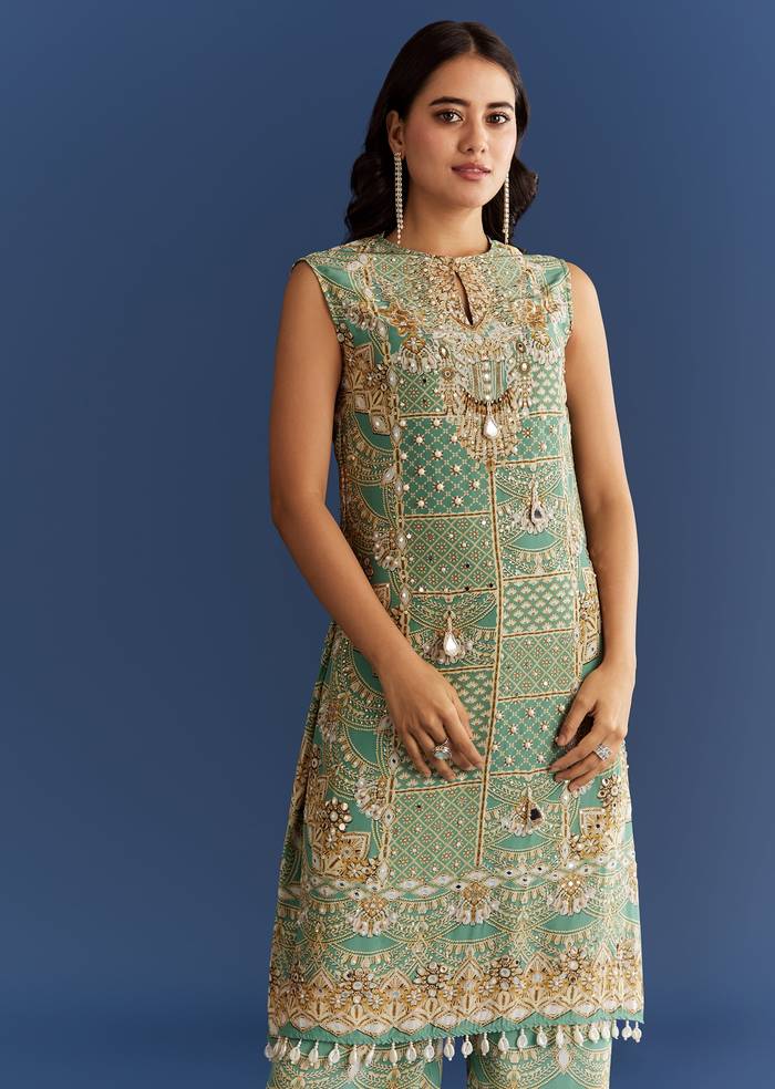 Light Aqua Green Crepe Printed Kurta Pant With Shell Tassels