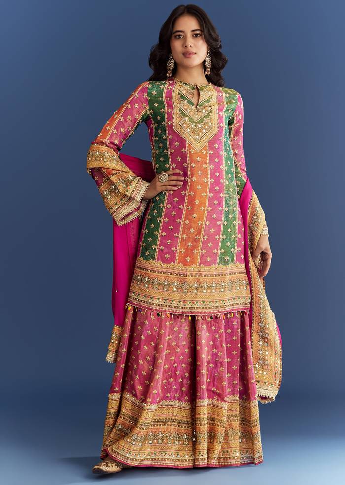 Pink Tissue Kurta With Printed Palazzo And Organza Dupatta