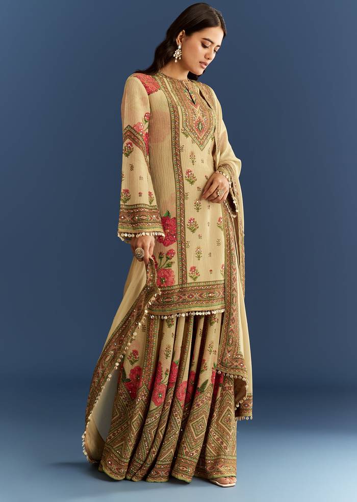 Beige Crush Tissue Floral Printed Kurta Palazzo With Dupatta