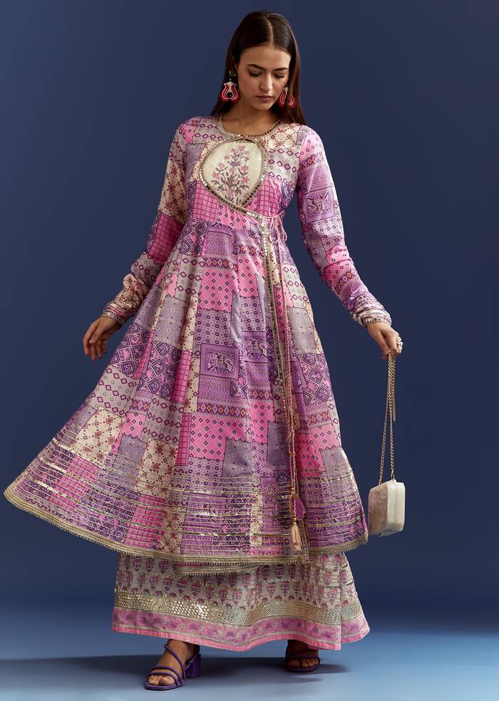 Lavender Floral Gotta Lace Kurta With Angrakha Jacket