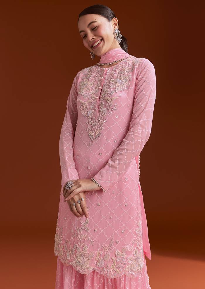 Light Pink Chinon Sharara Set With Cutdana And Sequins