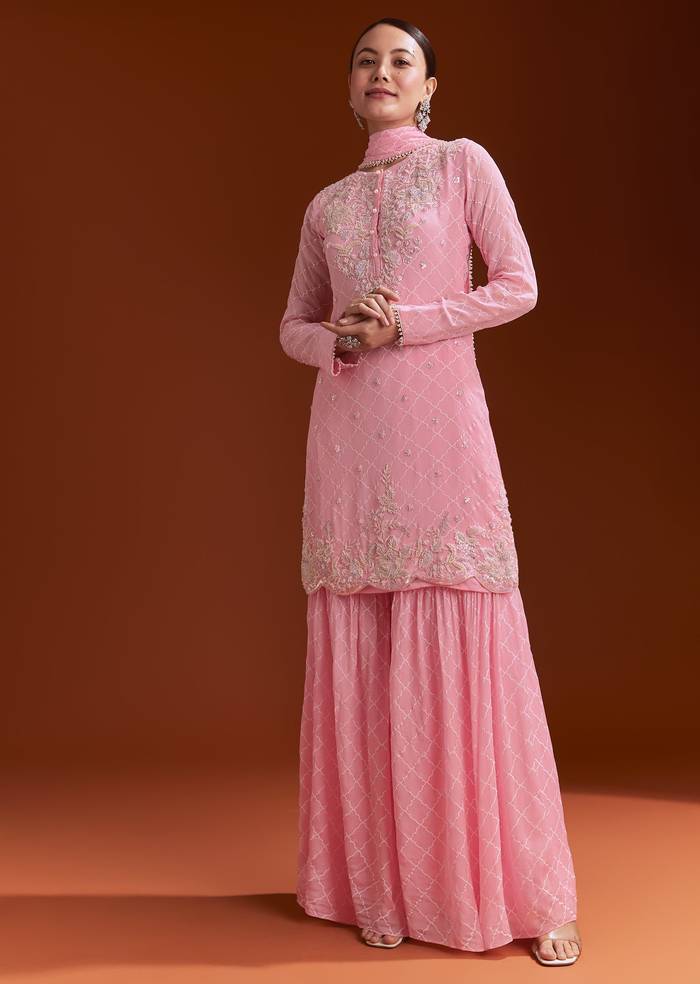 Light Pink Chinon Sharara Set With Cutdana And Sequins