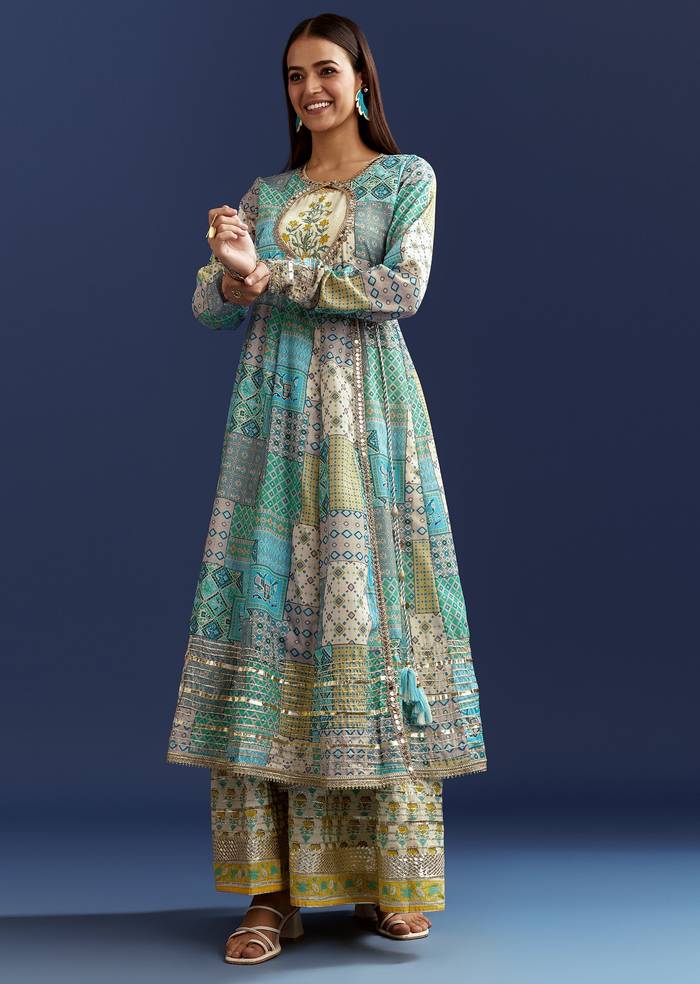 Blue Floral Angrakha Jacket With Gotta Lace Kurta