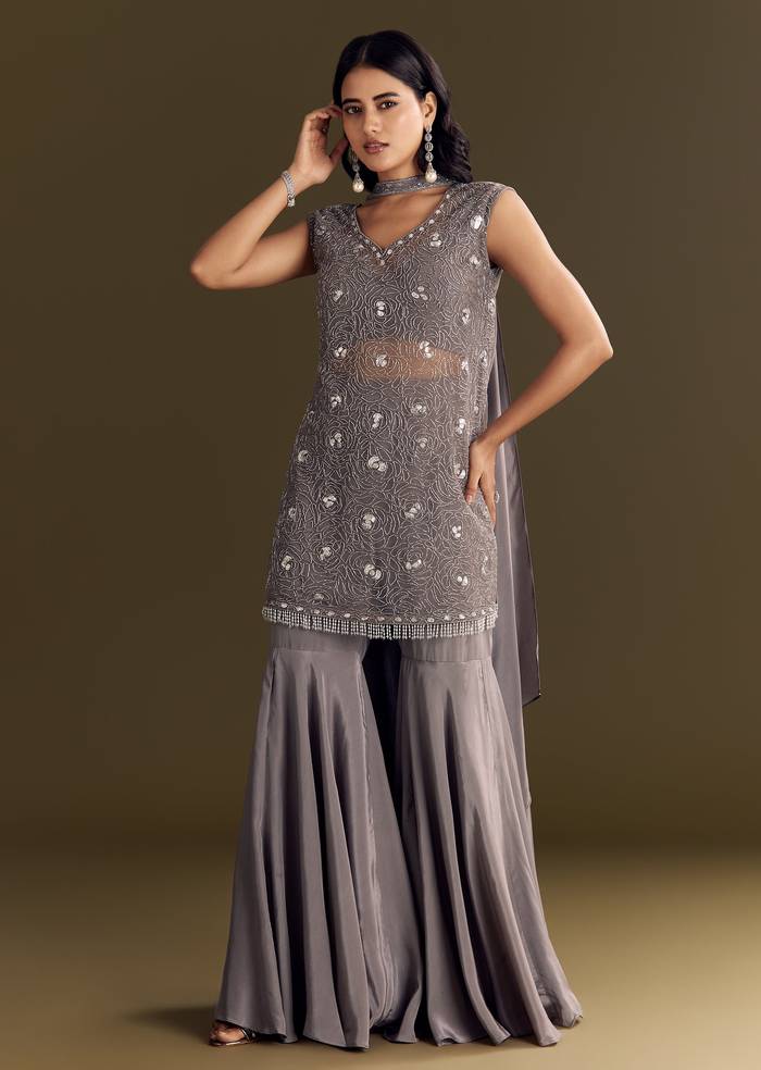 Grey Crepe Kurta Sharara With Net Choker Dupatta