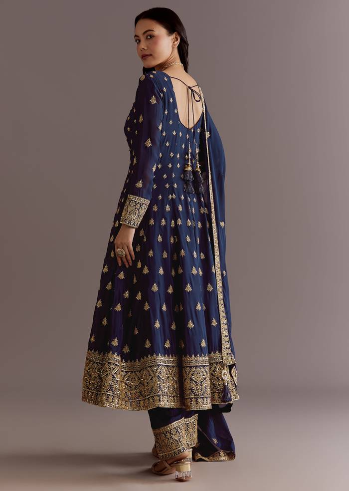 Dark Blue Chinon Zari Embroidered Anarkali Suit With Dupatta