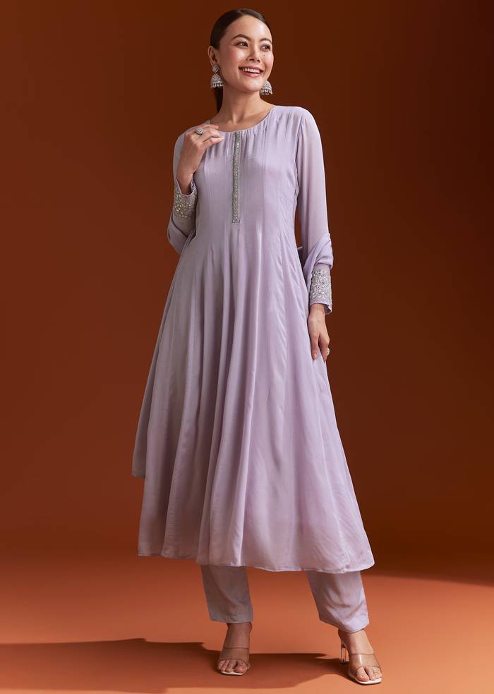 Lavender Chinon Anarkali Suit With Beads And Stone Work